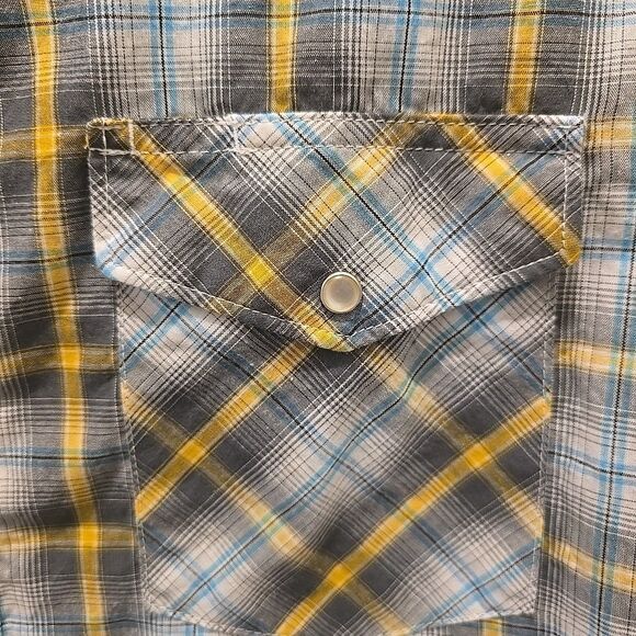 Wrangler Pearl Snap Western Shirt Mens L Blue White Yellow Plaid Short Sleeve - Picture 2 of 7
